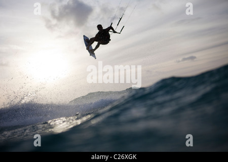 Kiteboarding Waimanalo @ Sunrise, male, David Giardini, airtime, jumping Stock Photo