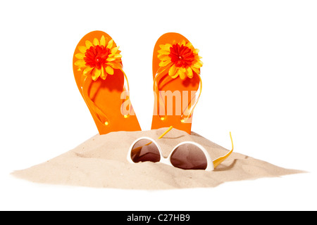 Flip flops and sunglasses isolated on white background with clipping ...