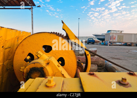 Machine for hauling ships and boats at the city marina in Greece Stock Photo