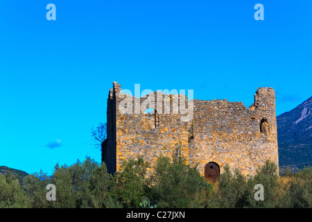 Typical stone Tower-house ruins in Mani, Greece Stock Photo