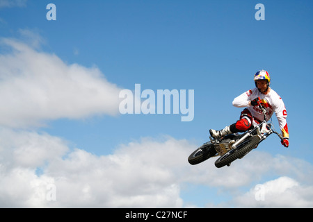 ABSA Cape Epic 2011 Red Bull Champion Trick Rider hits ramp and is suspended in mid air for moments. Photo:Darryl Putter Stock Photo