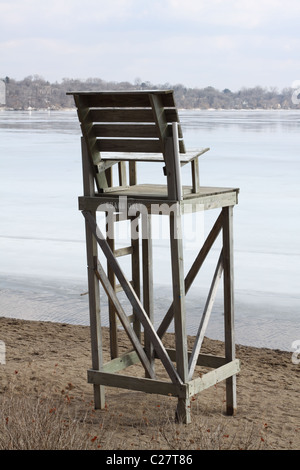 A life guard stand looking out over a frozen lake in Minneapolis.