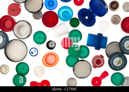 Pile of mixed product bottle and jar tops Stock Photo