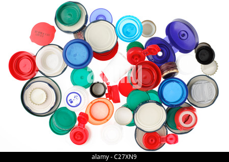 Pile of mixed product bottle and jar tops Stock Photo