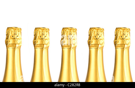 Five champagne bottles isolated on white Stock Photo