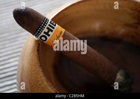 Cohiba cuban cigar in wooden ashtray Stock Photo