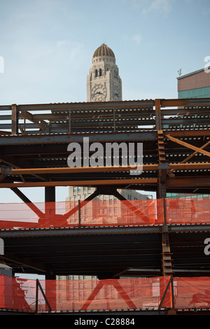 The Williamsburgh Savings Bank building is seen behind construction on the Barclays Center in Brooklyn in New York Stock Photo