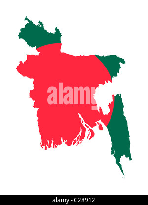 Illustration of Bangladesh flag on map of country; isolated on white background. Stock Photo