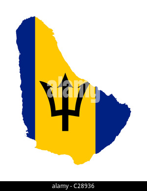 Illustration of Barbados flag on map of country; isolated on white background. Stock Photo