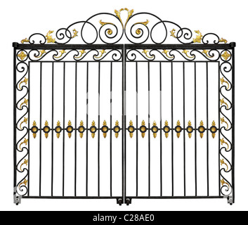 Forged decorative gate with gold leaf. Isolated on white background Stock Photo