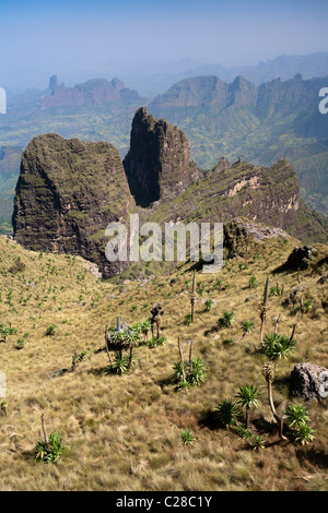 View over a mountain landscape from near the summit of Imit Gogo in the Simien Mountains Stock Photo