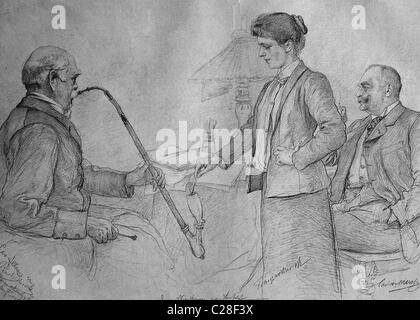 Friedrich von Bismarck smoking a pipe, historical illustration, ca. 1893 Stock Photo