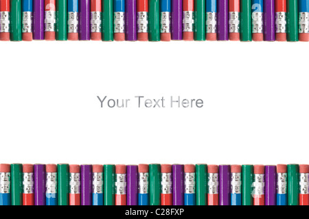 A top and bottom border of alternating pencil erasers and unsharpened tips. Stock Photo