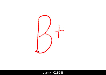 Handwritten Letter Grade B+ written in red ink Stock Photo