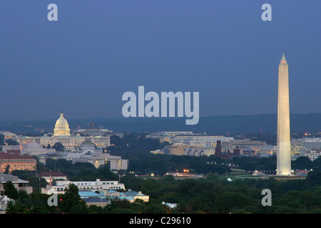 The Capitol, Washington Monument, and Smithsonian Castle, at night, as seen from Rosslyn, Virginia. Stock Photo