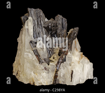 Hubnerite and Quartz - Pasto Bueno - Peru - Manganese iron tungstate (MnWO4)- formerly called wolframite - a major tungsten ore Stock Photo