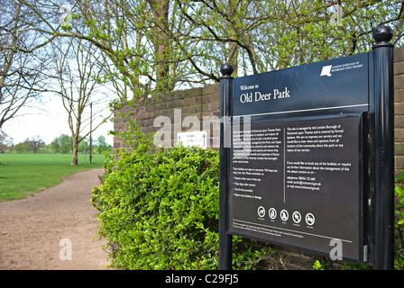 information board by an entrance to old deer park, richmond upon thames, surrey, england Stock Photo