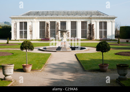 Formal Italian garden with the Orangery in the background, Mount Edgcumbe, Cornwall, UK Stock Photo