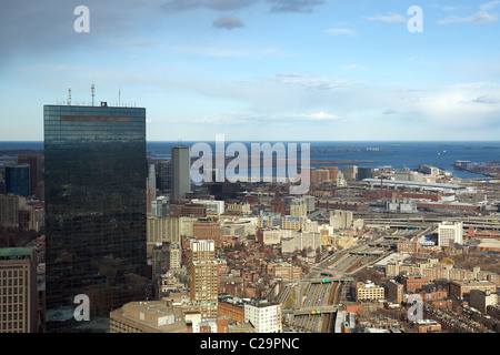 A view from Boston's Top of the Hub restaurant, in the Prudential Tower.  The John Hancock Tower is to the left. Stock Photo