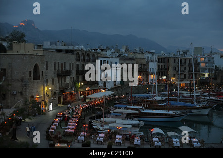 Harbour in the Old Town at twilight, Kyrenia, Turkish Republic of Northern Cyprus Stock Photo