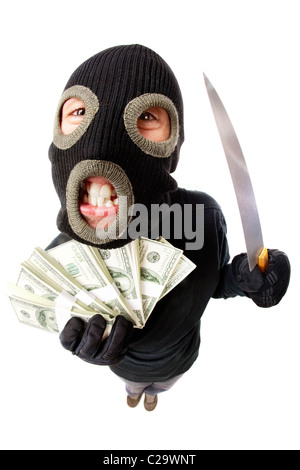 Fish-eye shot of a criminal in mask holding knife and money Stock Photo
