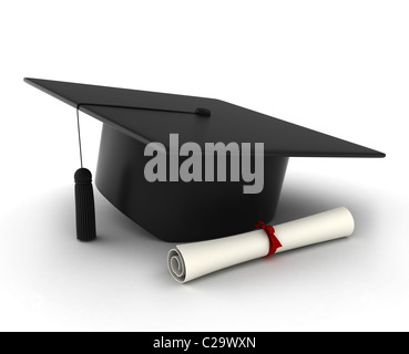 3D Illustration of a Graduation Cap and Diploma Stock Photo