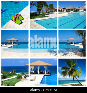 Collage with luxury swimming pool and summerhouse Stock Photo