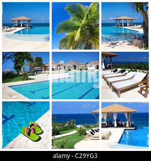 Collage with luxury swimming pool and summerhouse Stock Photo