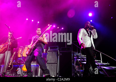 Lenny Santos, Max Santos and Anthony 'Romeo' Santos  of the Bachata group Aventura performing live at the American Airline Stock Photo