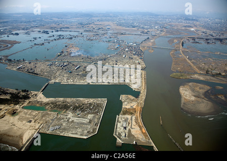Aerial view of damage to The Natorigawa estuary in Yuriage, Natori, Miyagi Prefecture after a 9. 0 magnitude earthquake and Stock Photo