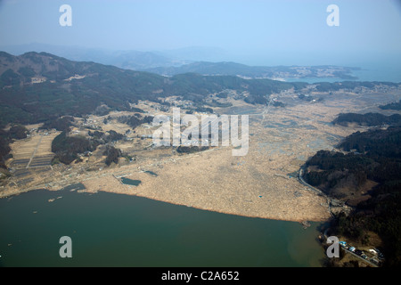 Aerial view of thousands of lumber washed away in Hirota Bay, Rikuzentakata, Iwate Prefecture after a 9. 0 magnitude earthquake Stock Photo