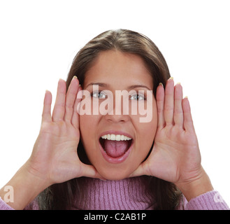 Young woman frame her face with palms Stock Photo