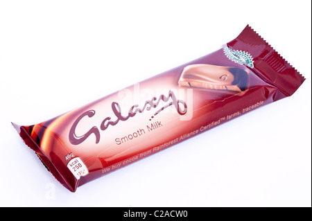 A bar of Galaxy smooth milk chocolate on a white background Stock Photo