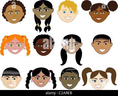 Vector Illustration of 12 boy and girl faces with smiles. Stock Photo