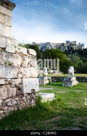 Greece, Athens, the Acropolis of Athens, Erechtheum and Propylaea on the hill in the background Stock Photo