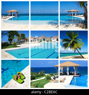 Collage with luxury swimming pool and summerhouse Stock Photo