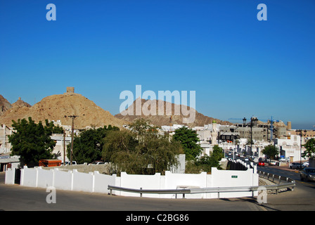 Oman, Muscat, Omani houses in old Muscat, following the traditional Omani architecture: bright white walls shaped like a fortres Stock Photo