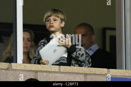 ROMEO BECKHAM WITH IPAD CELEBS AT LA GALAXY V PHILADELPHIA UNION MLS FOOTBALL MATCH CARSON LOS ANGELES CALIFORNIA USA 02 Apr Stock Photo