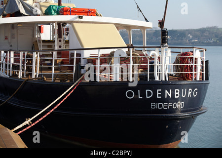 M.S. Oldenburg, classic passenger ship, boat that takes passengers to and from Lundy Island tied up at Bideford, Devon, England UK in March Stock Photo