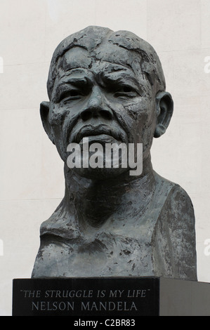 A bust of Nelson Mandela by Iain Walters outside the Royal Festival Hall on the South Bank, London. Stock Photo