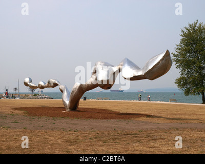 Freezing Water #7, stainless steel sculpture by Chinese artist Jun Ren.  Vanier Park, Vancouver, British Columbia Canada, Stock Photo