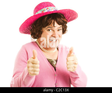 Funny female impersonator giving two enthusiastic thumbs up! Isolated on  white Stock Photo - Alamy