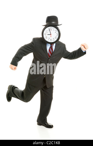 Faceless businessman running late for work. His face is a clock that reads 8:55 am. Full body isolated on white.  Stock Photo