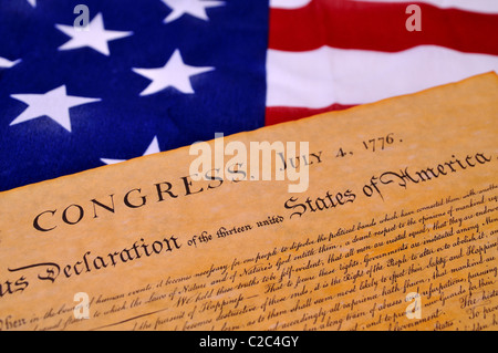 Declaration of Independence with United States flag background Stock Photo