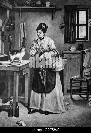 Woman reprimanding a cat, historical illustration, circa 1886 Stock Photo