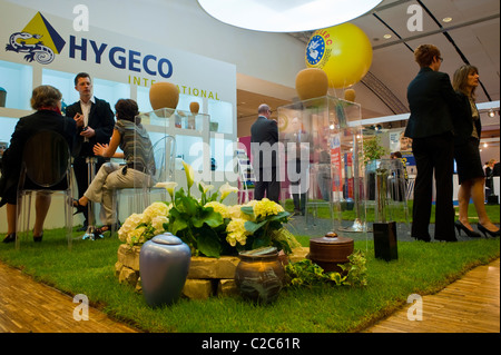 Paris, France, People Visiting Death Trade Show, 'Salon de la Mort' Undertakers, burial urns on Display, Hygeco Company Stall, sustainable investing Stock Photo