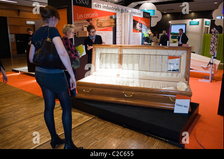 Paris, France, People Looking at Funeral Caskets at Death Trade Show, 'Salon de la Mort' Undertakers Stock Photo