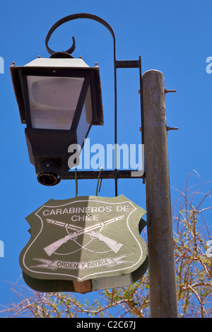 Sign and lamp post in street in San Pedro de Atacama, Chile, South America. Stock Photo