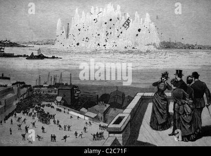 The blasting of the Flood Rock in Hell Gate Canal at the Port of New York, USA, America, historical illustration, circa 1886 Stock Photo