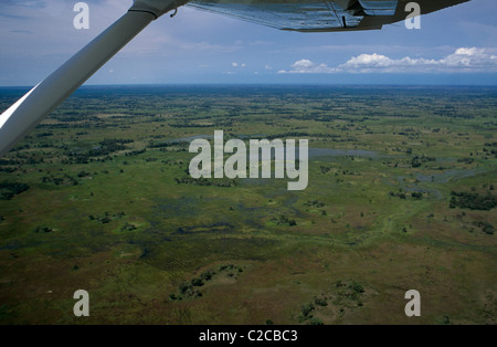 Aerial view from small plane flight across delta, Maun to Xaxaba Camp, Okavango Delta, Botswana, Africa Stock Photo